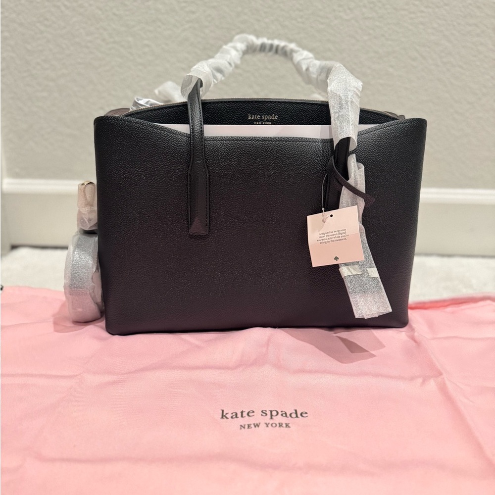 Kate Spade New York black leather work tote with dustbag